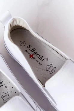 Discount Damskie Skórzane Tenisówki Slip-On S.Barski Białe Damskie Trampki Damskie Slip-On