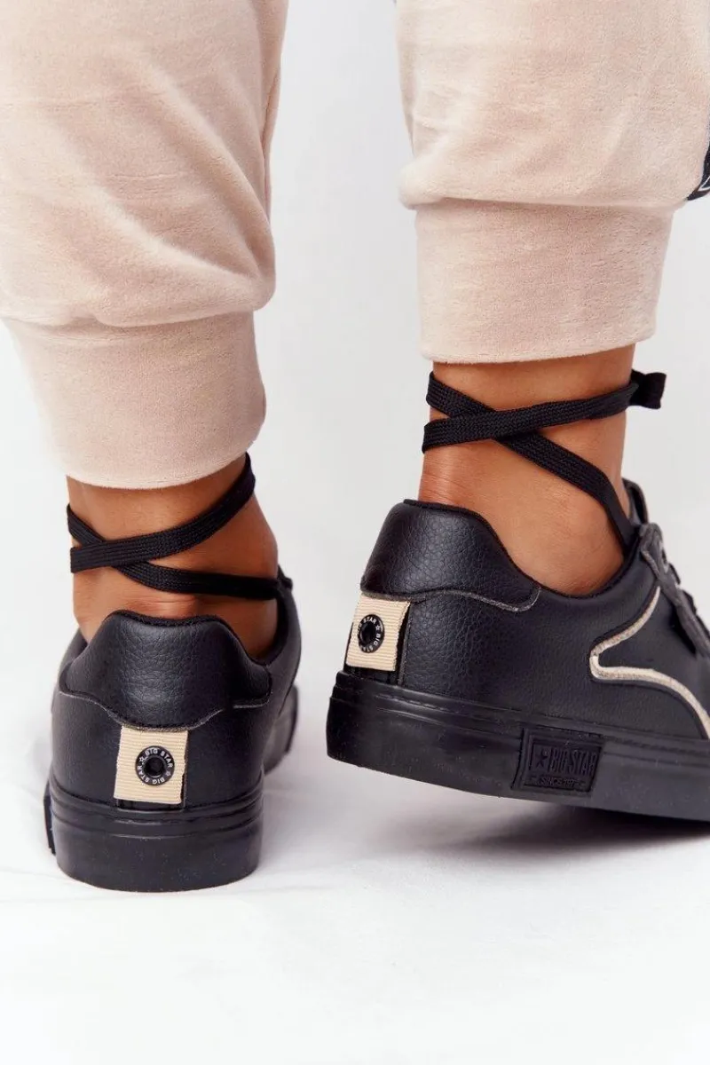 Trampki Damskie Big Star|Trampki Damskie Niskie>Big Star Shoes Damskie Skórzane Tenisówki BIG STAR HH274078 Czarno-Złote