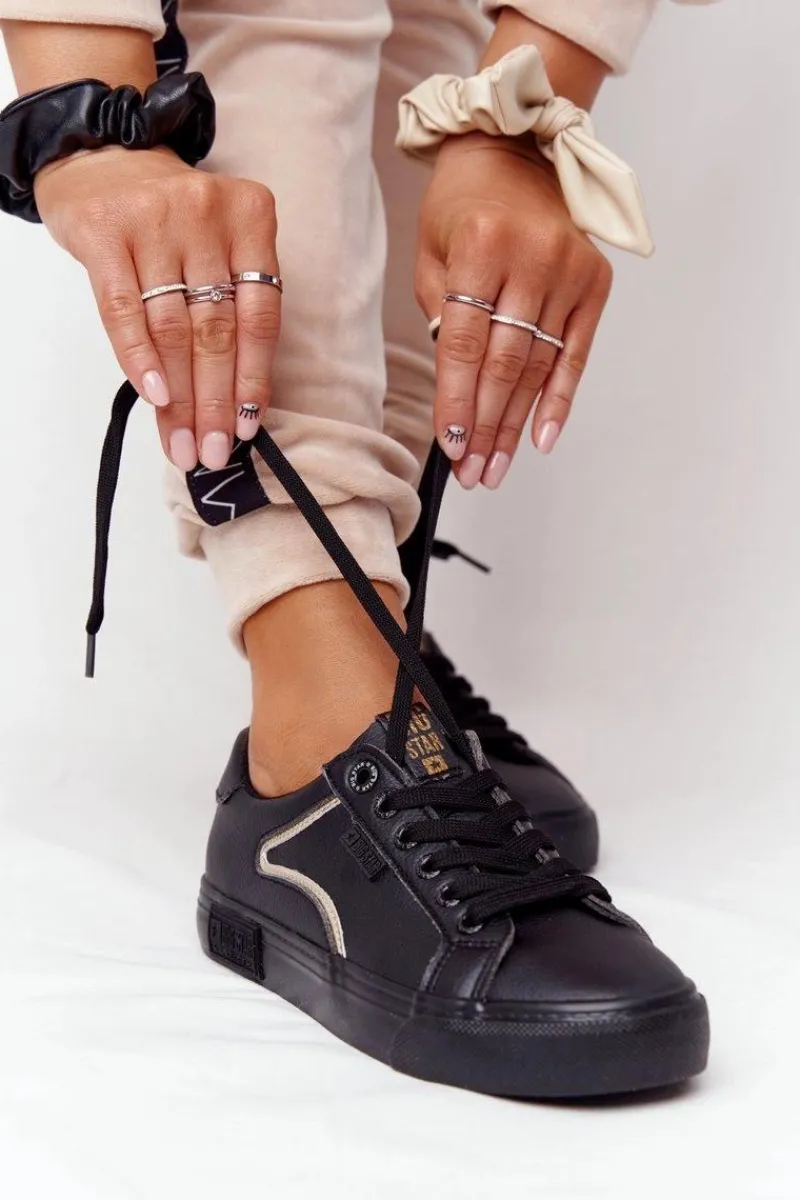 Trampki Damskie Big Star|Trampki Damskie Niskie>Big Star Shoes Damskie Skórzane Tenisówki BIG STAR HH274078 Czarno-Złote