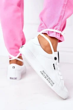 New Big Star Shoes Damskie Skórzane Tenisówki Z Napisem BIG STAR EE274316 Białe