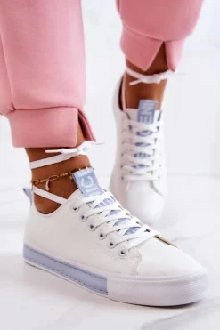 Clearance Damskie Skórzane Tenisówki Biało-Niebieskie Mikayla Damskie Trampki Damskie Niskie