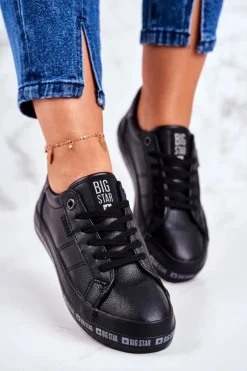 New Damskie Skórzane Tenisówki Logowana Podeszwa Big Star GG274193 Czarne Damskie Trampki Damskie Big Star|Trampki Damskie Niskie