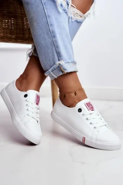 Trampki Damskie Big Star|Trampki Damskie Niskie>Big Star Shoes Damskie Skórzane Trampki Big Star GG274005 Biało-Czerwone