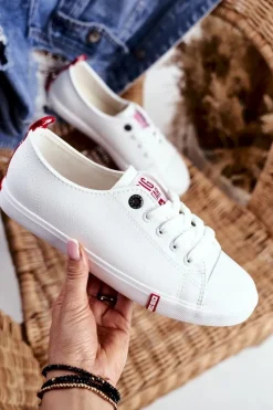 Trampki Damskie Big Star|Trampki Damskie Niskie>Big Star Shoes Damskie Skórzane Trampki Big Star GG274005 Biało-Czerwone