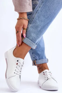 Trampki Damskie Niskie></noscript>Damskie buty S.Barski Damskie Skórzane Trampki Białe S.Barski LR268R