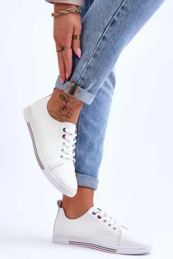 Trampki Damskie Niskie></noscript>Damskie buty S.Barski Damskie Skórzane Trampki Białe S.Barski LR268R