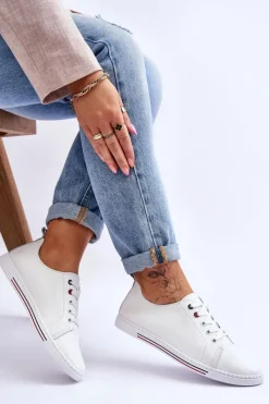 Trampki Damskie Niskie></noscript>Damskie buty S.Barski Damskie Skórzane Trampki Białe S.Barski LR268R