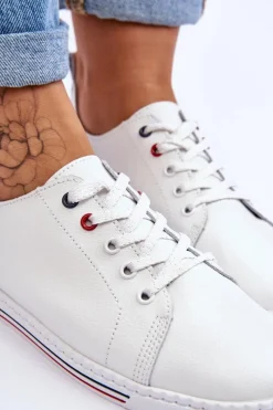 Trampki Damskie Niskie></noscript>Damskie buty S.Barski Damskie Skórzane Trampki Białe S.Barski LR268R