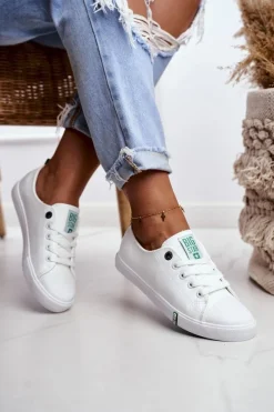 Discount Big Star Shoes Damskie Skórzane Trampki Big Star GG274006 Biało-Zielone