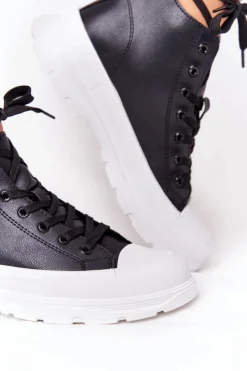 Outlet Damskie Skórzane Trampki Na Dużej Podeszwie Czarne Trissy Damskie Trampki Damskie Wysokie