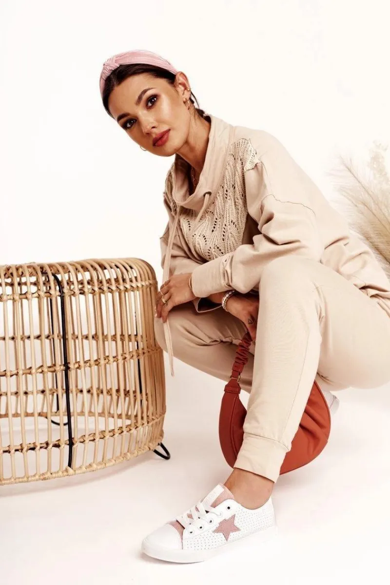 Best Damskie Skórzane Trampki Z Gwiazdą BIG STAR DD274691 Biało-Różowe Damskie Trampki Damskie Big Star|Trampki Damskie Niskie