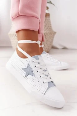 Best Big Star Shoes Damskie Skórzane Trampki Z Gwiazdą BIG STAR DD274692 Biało-Niebieskie