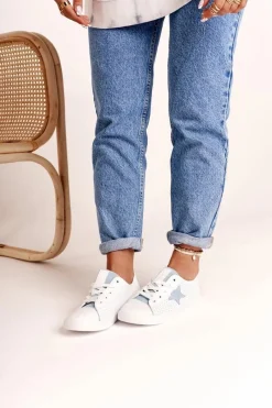 Best Big Star Shoes Damskie Skórzane Trampki Z Gwiazdą BIG STAR DD274692 Biało-Niebieskie