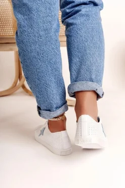 Best Big Star Shoes Damskie Skórzane Trampki Z Gwiazdą BIG STAR DD274692 Biało-Niebieskie