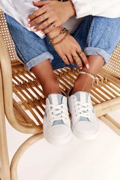 Best Big Star Shoes Damskie Skórzane Trampki Z Gwiazdą BIG STAR DD274692 Biało-Niebieskie