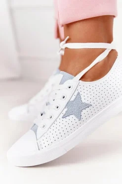Best Big Star Shoes Damskie Skórzane Trampki Z Gwiazdą BIG STAR DD274692 Biało-Niebieskie