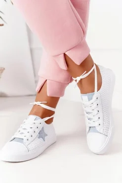 Best Big Star Shoes Damskie Skórzane Trampki Z Gwiazdą BIG STAR DD274692 Biało-Niebieskie