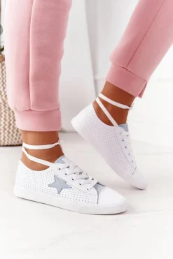 Best Big Star Shoes Damskie Skórzane Trampki Z Gwiazdą BIG STAR DD274692 Biało-Niebieskie