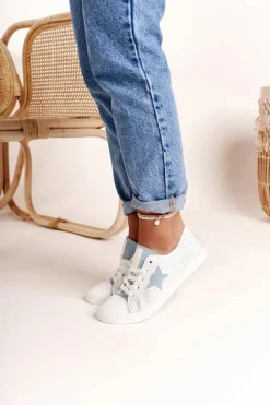 Best Big Star Shoes Damskie Skórzane Trampki Z Gwiazdą BIG STAR DD274692 Biało-Niebieskie