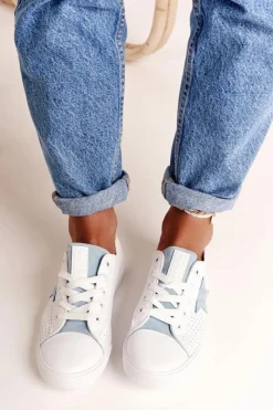 Best Big Star Shoes Damskie Skórzane Trampki Z Gwiazdą BIG STAR DD274692 Biało-Niebieskie