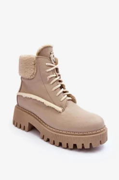 Clearance Damskie Skórzane Trapery Botki Beżowe Lemar Vergo Damskie Botki Ocieplane|Damskie Trapery