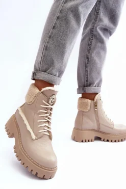 Clearance Damskie Skórzane Trapery Botki Beżowe Lemar Vergo Damskie Botki Ocieplane|Damskie Trapery