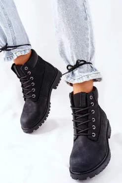 Damskie Trapery|Botki Sznurowane>Big Star Shoes Damskie Skórzane Trapery Big Star II274446 Czarne