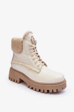 Damskie Trapery|Botki Sznurowane>Zazoo Damskie Skórzane Trapery Botki Kremowe Lemar Vergo