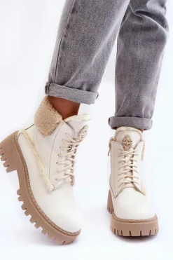 Damskie Trapery|Botki Sznurowane>Zazoo Damskie Skórzane Trapery Botki Kremowe Lemar Vergo