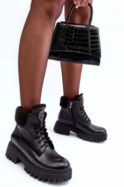 Outlet Damskie Skórzane Trapery Botki Czarne Lemar Vergo - Wzór 2 Damskie Damskie Trapery|Botki Sznurowane