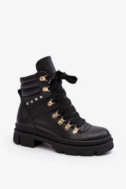 Hot Zazoo Damskie Skórzane Trapery Botki Sznurowane K01 Czarne