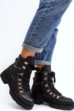 Hot Zazoo Damskie Skórzane Trapery Botki Sznurowane K01 Czarne