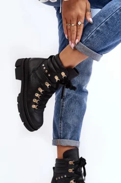 Hot Zazoo Damskie Skórzane Trapery Botki Sznurowane K01 Czarne