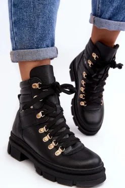 Hot Zazoo Damskie Skórzane Trapery Botki Sznurowane K01 Czarne