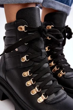 Hot Zazoo Damskie Skórzane Trapery Botki Sznurowane K01 Czarne