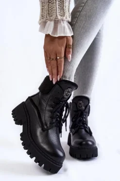 Damskie Trapery|Botki Zimowe Damskie>Zazoo Damskie Skórzane Trapery Botki Czarne Lemar Vergo