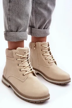 Damskie Trapery|Botki Sznurowane>Evento Damskie Skórzane Trapery Ocieplane Beżowe Bimena