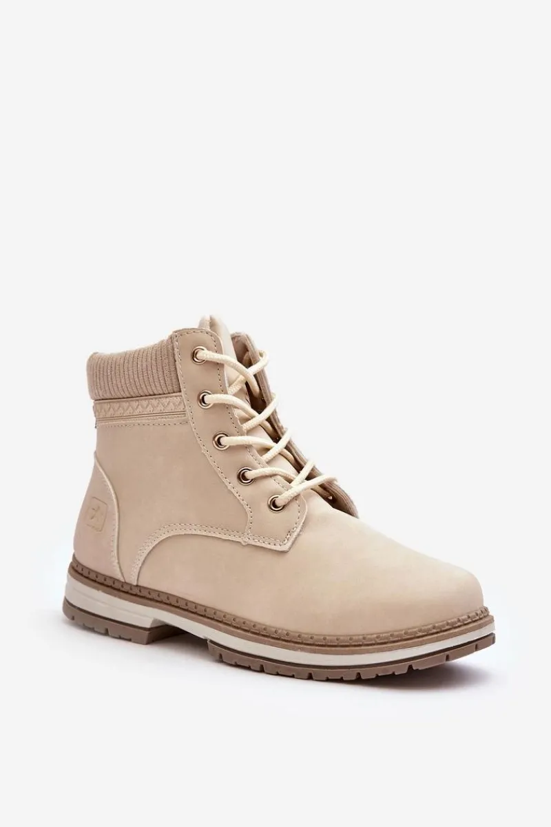 Damskie Trapery|Botki Sznurowane>Evento Damskie Skórzane Trapery Ocieplane Beżowe Bimena