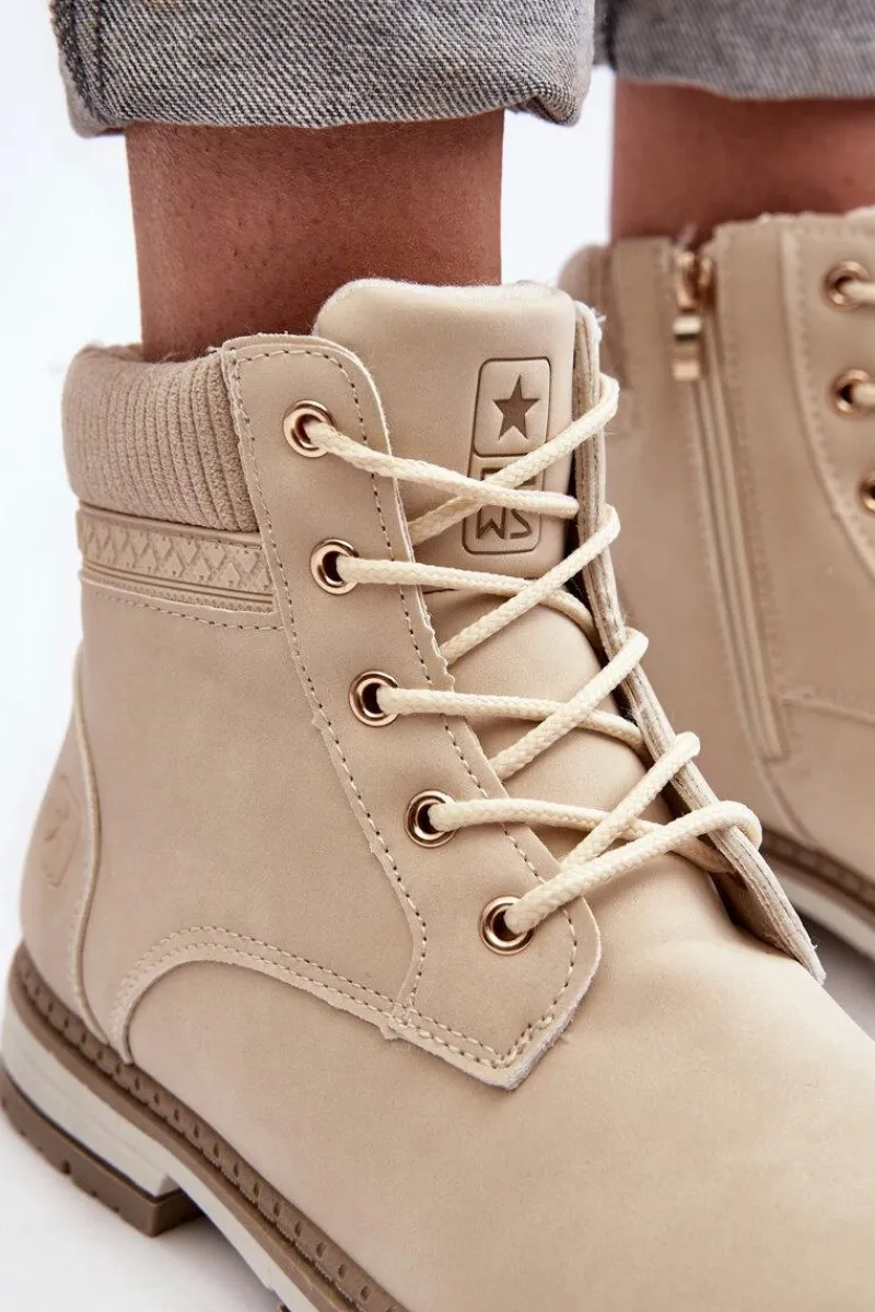 Damskie Trapery|Botki Sznurowane>Evento Damskie Skórzane Trapery Ocieplane Beżowe Bimena