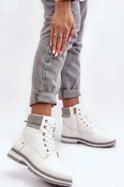Best Damskie Skórzane Trapery Ocieplane Białe Katalis Damskie Damskie Trapery|Botki Sznurowane