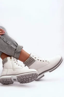 Best Damskie Skórzane Trapery Ocieplane Białe Katalis Damskie Damskie Trapery|Botki Sznurowane