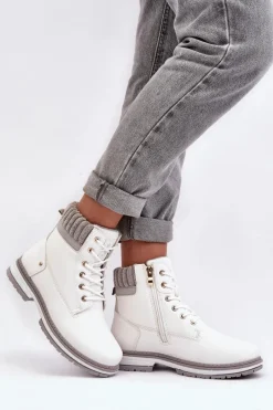 Best Damskie Skórzane Trapery Ocieplane Białe Katalis Damskie Damskie Trapery|Botki Sznurowane