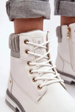 Best Damskie Skórzane Trapery Ocieplane Białe Katalis Damskie Damskie Trapery|Botki Sznurowane