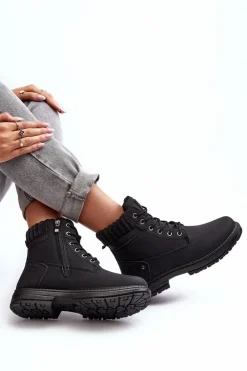 Clearance Evento Damskie Skórzane Trapery Ocieplane Czarne Katalis Czarny