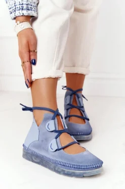 Hot Maciejka Damskie Skórzane Trzewiki Niebieskie 04457-06