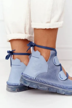 Hot Maciejka Damskie Skórzane Trzewiki Niebieskie 04457-06