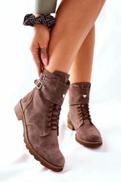 Clearance Boto Damskie Skórzane Welurowe Botki Nicole 2682 Brązowe