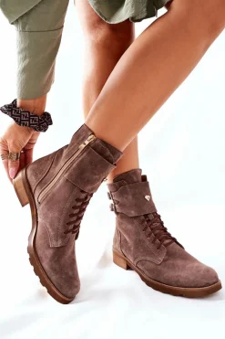 Clearance Boto Damskie Skórzane Welurowe Botki Nicole 2682 Brązowe