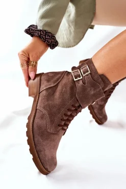 Clearance Boto Damskie Skórzane Welurowe Botki Nicole 2682 Brązowe