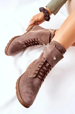 Clearance Boto Damskie Skórzane Welurowe Botki Nicole 2682 Brązowe